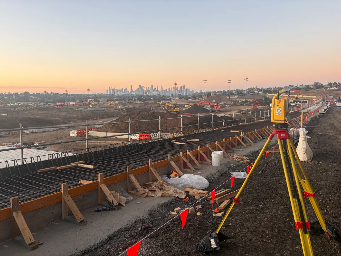 Survey set up at dawn on a renewable energy site