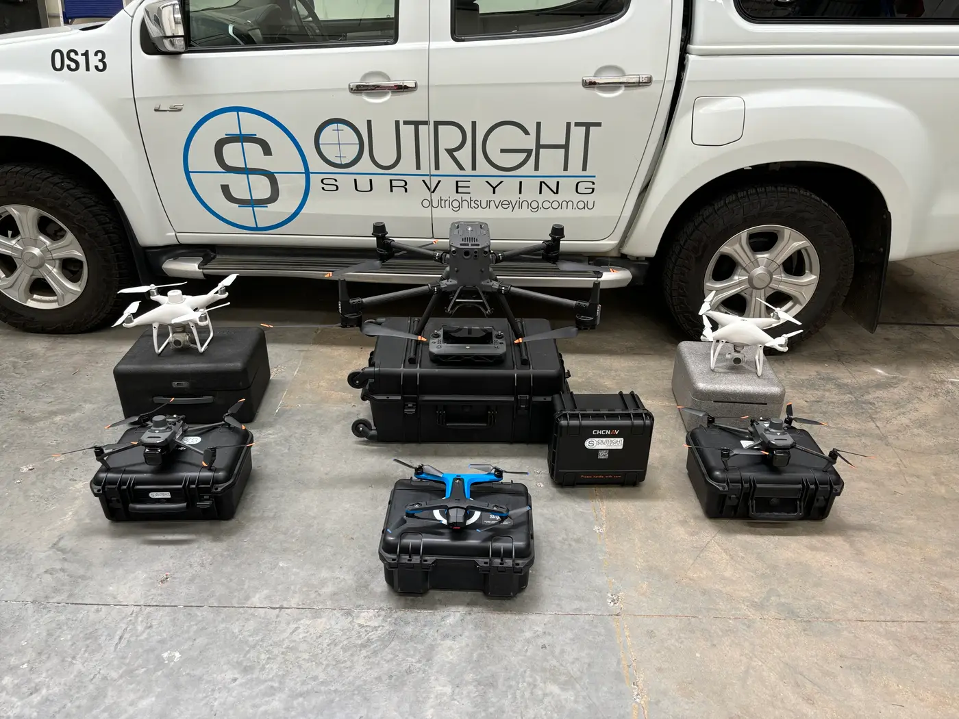 Drone equipment laid out at the Outright ute